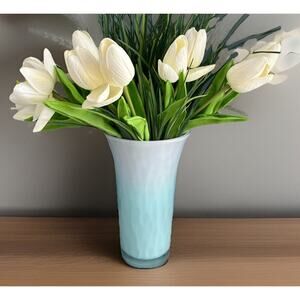 Vintage Libbey Ombre Teal Blue White Glass Vase 8" H Easter Spring Decor Pastel